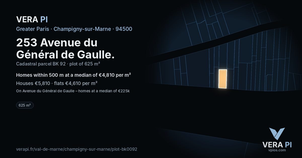 253 Avenue du Général de Gaulle, Champigny-sur-Marne at night – the plot lit, the parcels around coloured by the prices near them
