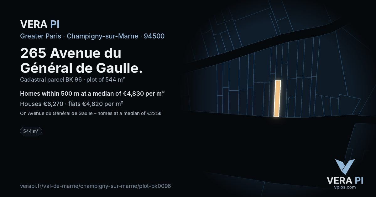 265 Avenue du Général de Gaulle, Champigny-sur-Marne at night – the plot lit, the parcels around coloured by the prices near them