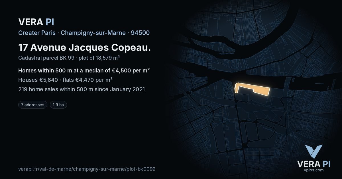 17 Avenue Jacques Copeau, Champigny-sur-Marne at night – the plot lit, the parcels around coloured by the prices near them