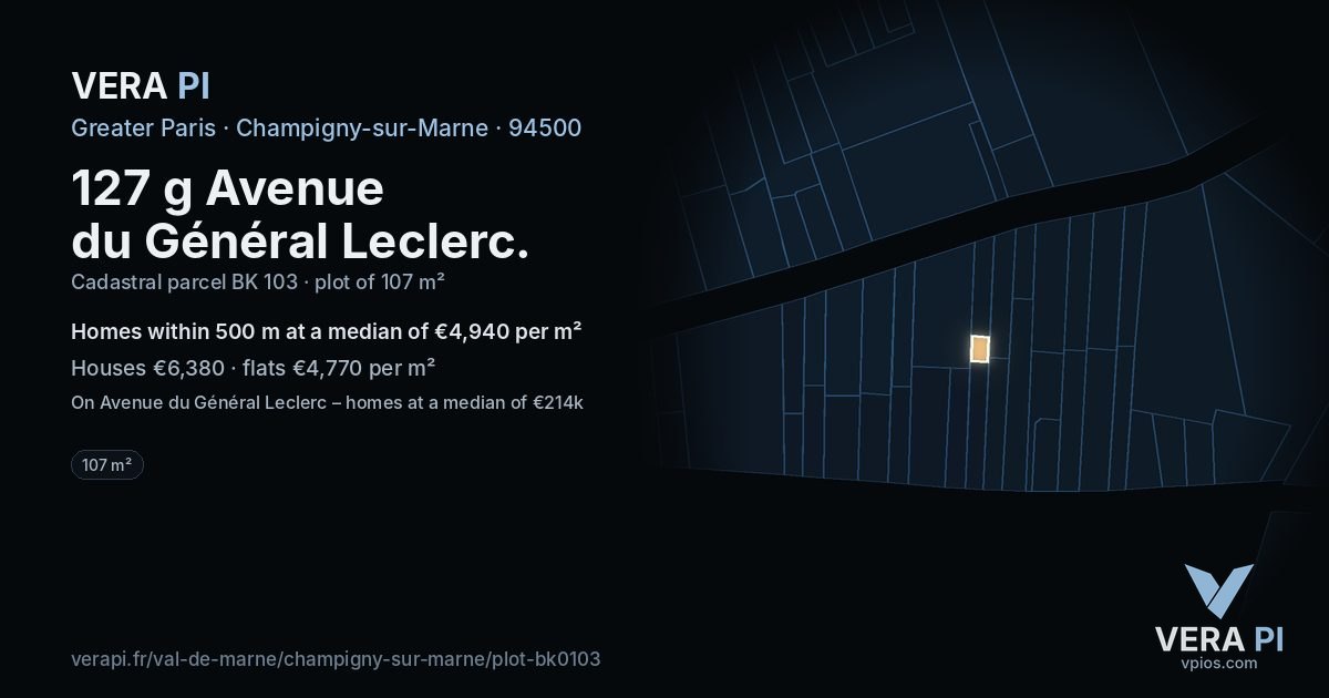 127 g Avenue du Général Leclerc, Champigny-sur-Marne at night – the plot lit, the parcels around coloured by the prices near them