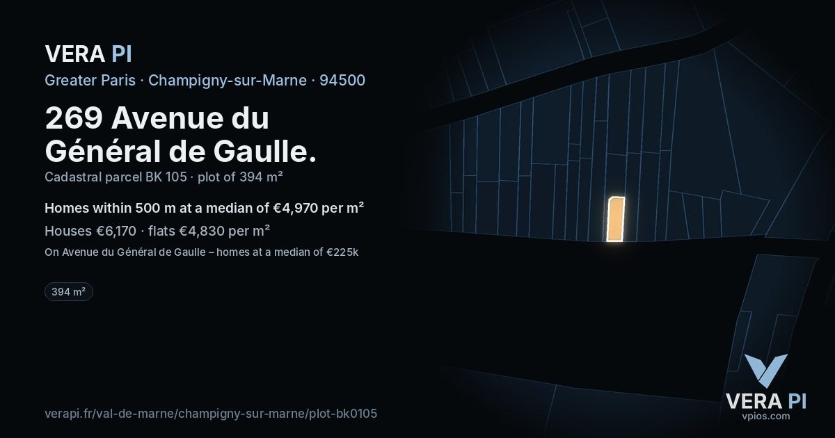 269 Avenue du Général de Gaulle, Champigny-sur-Marne at night – the plot lit, the parcels around coloured by the prices near them