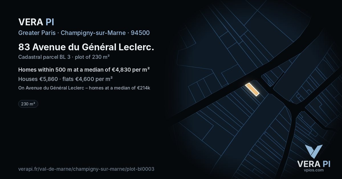 83 Avenue du Général Leclerc, Champigny-sur-Marne at night – the plot lit, the parcels around coloured by the prices near them