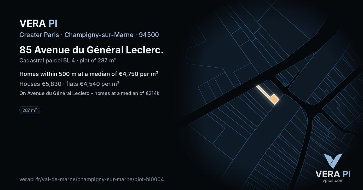 85 Avenue du Général Leclerc, Champigny-sur-Marne at night – the plot lit, the parcels around coloured by the prices near them