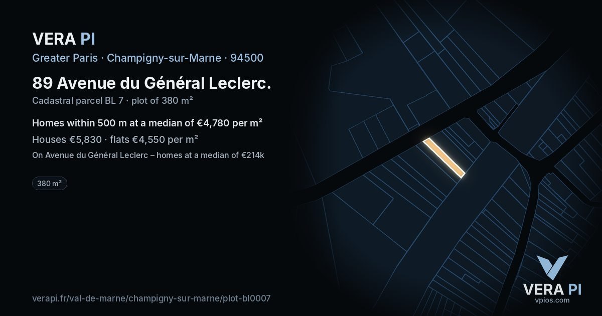89 Avenue du Général Leclerc, Champigny-sur-Marne at night – the plot lit, the parcels around coloured by the prices near them