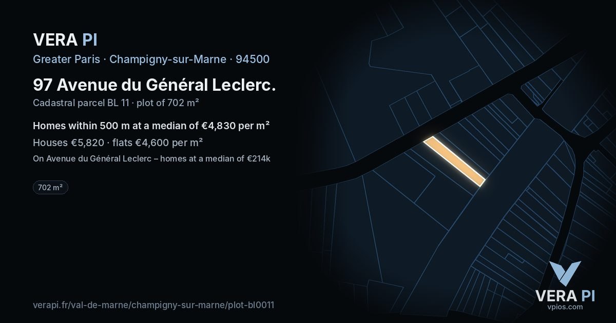 97 Avenue du Général Leclerc, Champigny-sur-Marne at night – the plot lit, the parcels around coloured by the prices near them