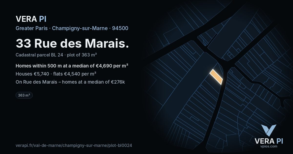 33 Rue des Marais, Champigny-sur-Marne at night – the plot lit, the parcels around coloured by the prices near them