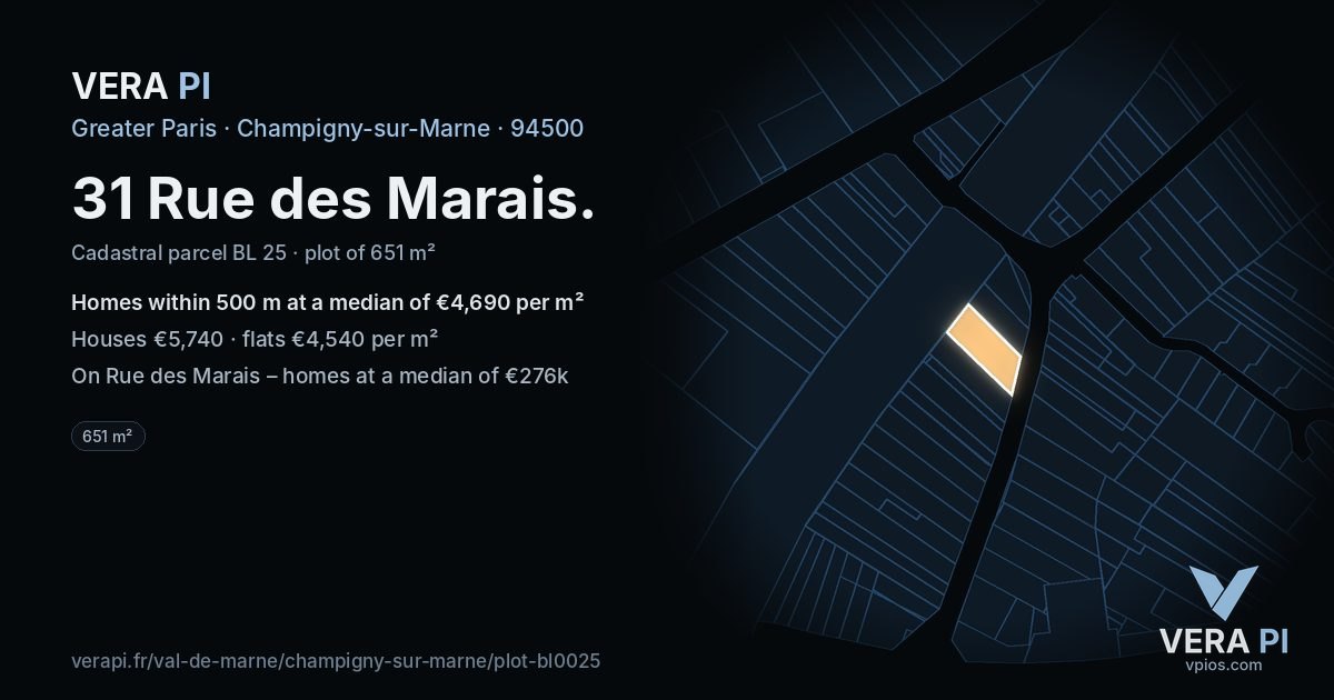 31 Rue des Marais, Champigny-sur-Marne at night – the plot lit, the parcels around coloured by the prices near them