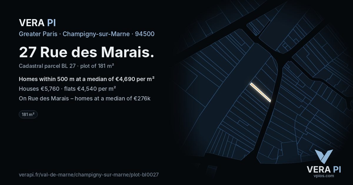 27 Rue des Marais, Champigny-sur-Marne at night – the plot lit, the parcels around coloured by the prices near them
