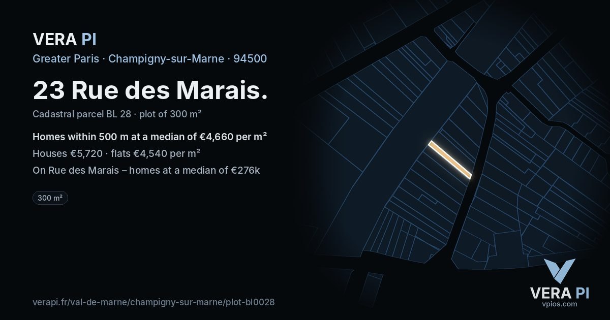 23 Rue des Marais, Champigny-sur-Marne at night – the plot lit, the parcels around coloured by the prices near them