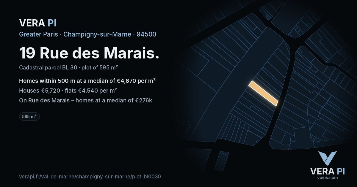 19 Rue des Marais, Champigny-sur-Marne at night – the plot lit, the parcels around coloured by the prices near them