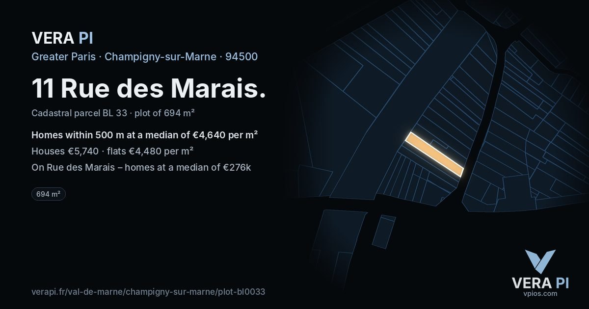11 Rue des Marais, Champigny-sur-Marne at night – the plot lit, the parcels around coloured by the prices near them