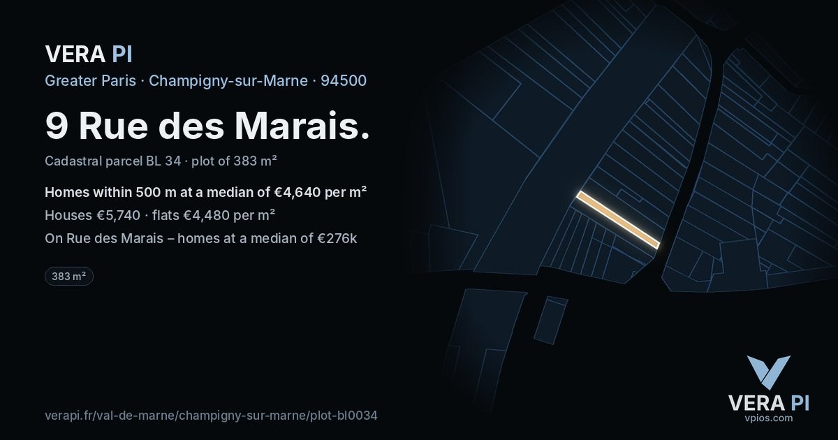 9 Rue des Marais, Champigny-sur-Marne at night – the plot lit, the parcels around coloured by the prices near them