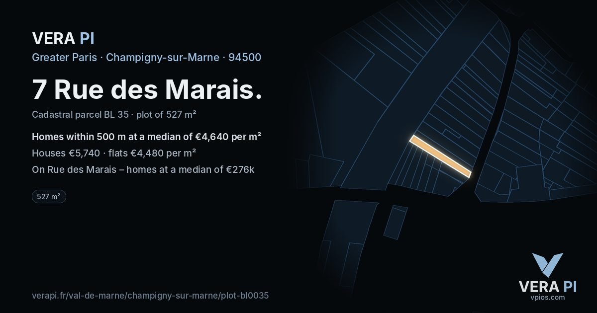 7 Rue des Marais, Champigny-sur-Marne at night – the plot lit, the parcels around coloured by the prices near them