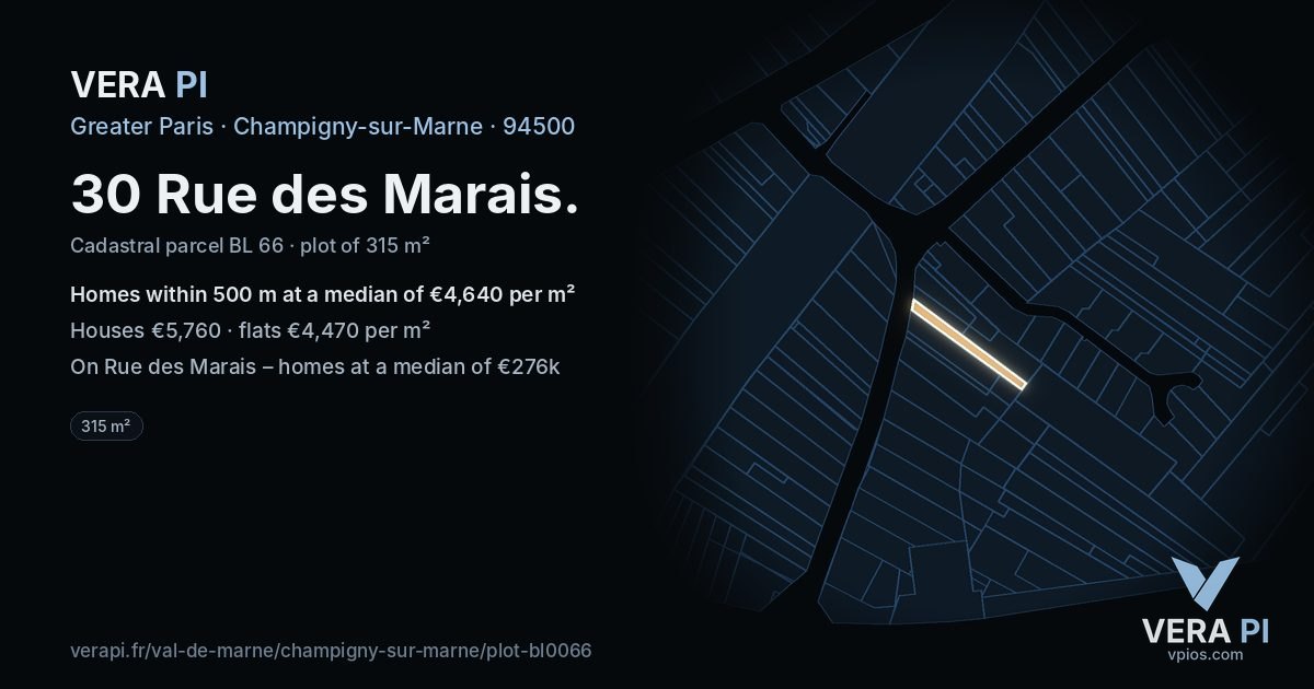30 Rue des Marais, Champigny-sur-Marne at night – the plot lit, the parcels around coloured by the prices near them