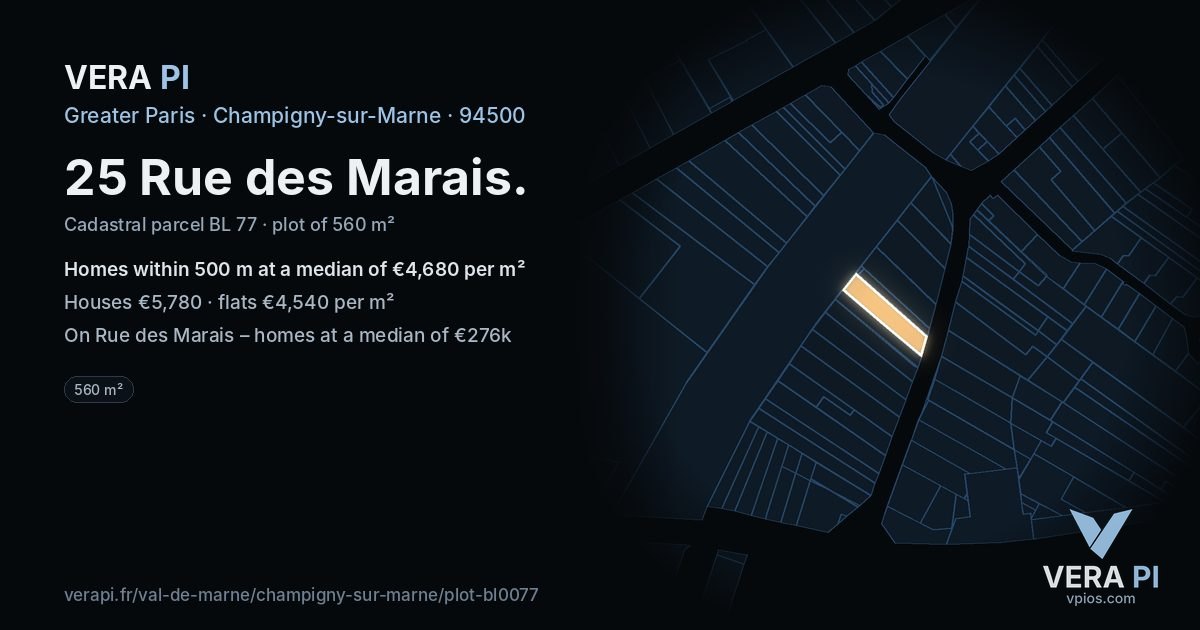 25 Rue des Marais, Champigny-sur-Marne at night – the plot lit, the parcels around coloured by the prices near them