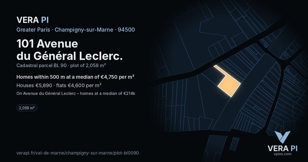101 Avenue du Général Leclerc, Champigny-sur-Marne at night – the plot lit, the parcels around coloured by the prices near them