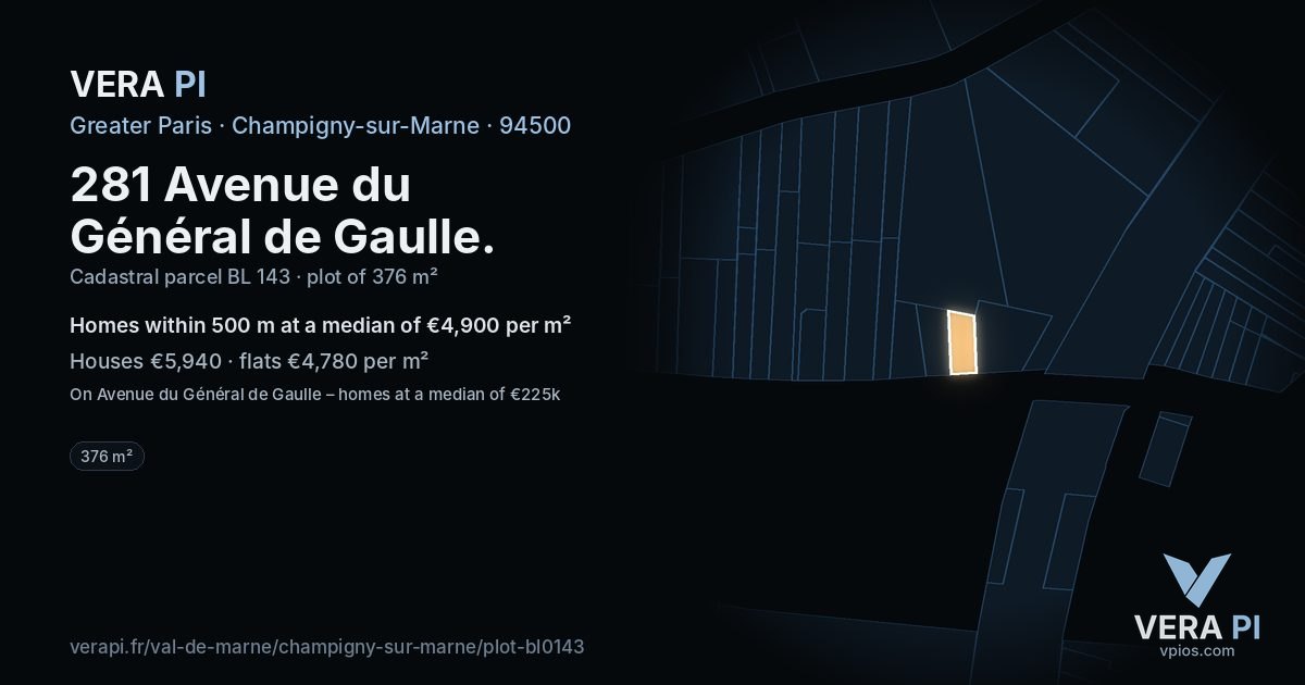 281 Avenue du Général de Gaulle, Champigny-sur-Marne at night – the plot lit, the parcels around coloured by the prices near them