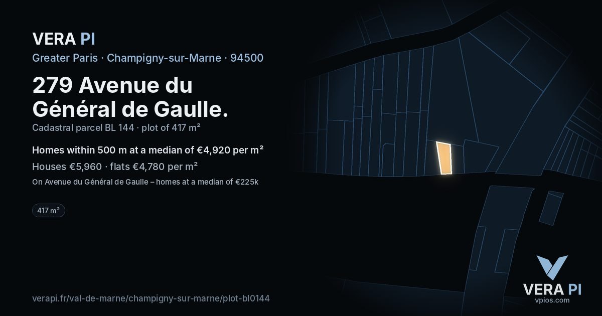 279 Avenue du Général de Gaulle, Champigny-sur-Marne at night – the plot lit, the parcels around coloured by the prices near them