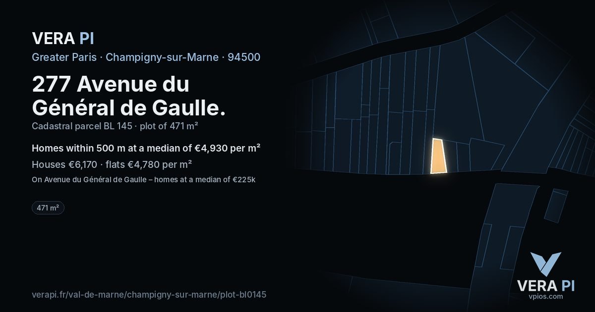 277 Avenue du Général de Gaulle, Champigny-sur-Marne at night – the plot lit, the parcels around coloured by the prices near them