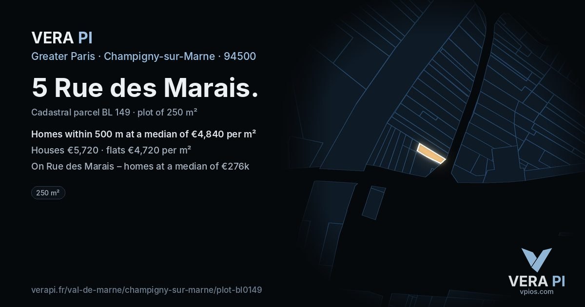 5 Rue des Marais, Champigny-sur-Marne at night – the plot lit, the parcels around coloured by the prices near them