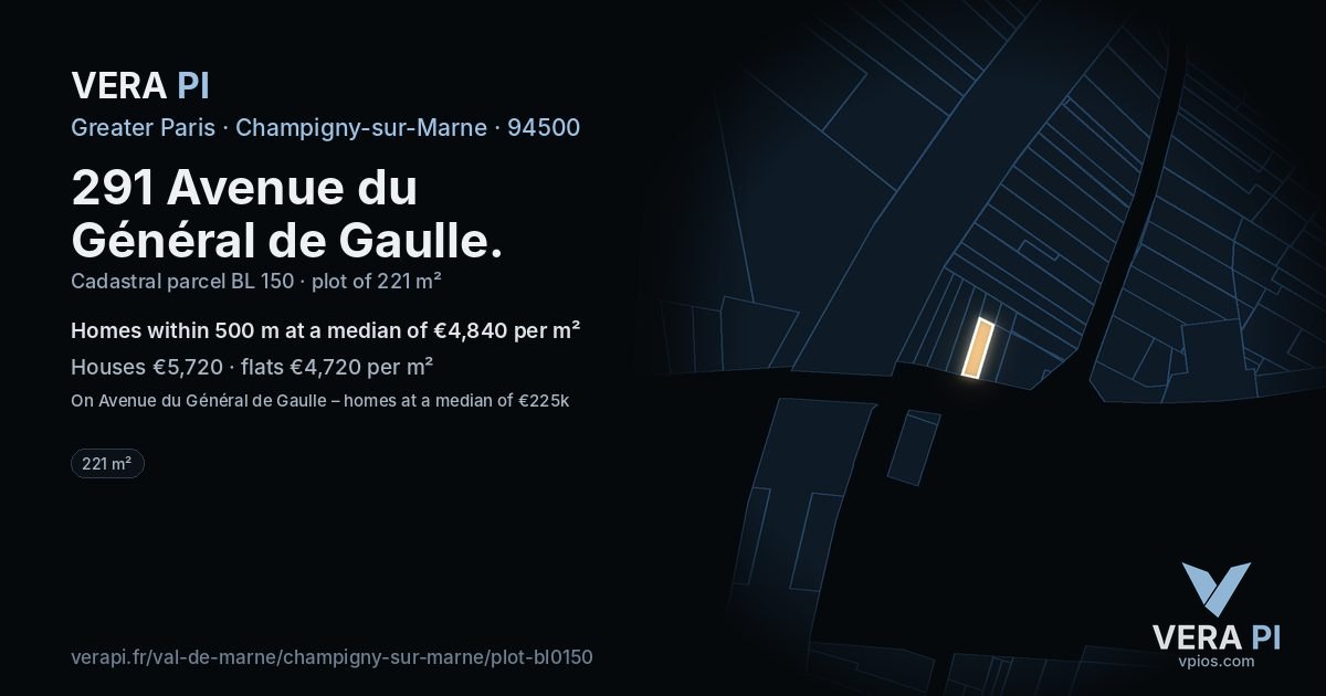 291 Avenue du Général de Gaulle, Champigny-sur-Marne at night – the plot lit, the parcels around coloured by the prices near them
