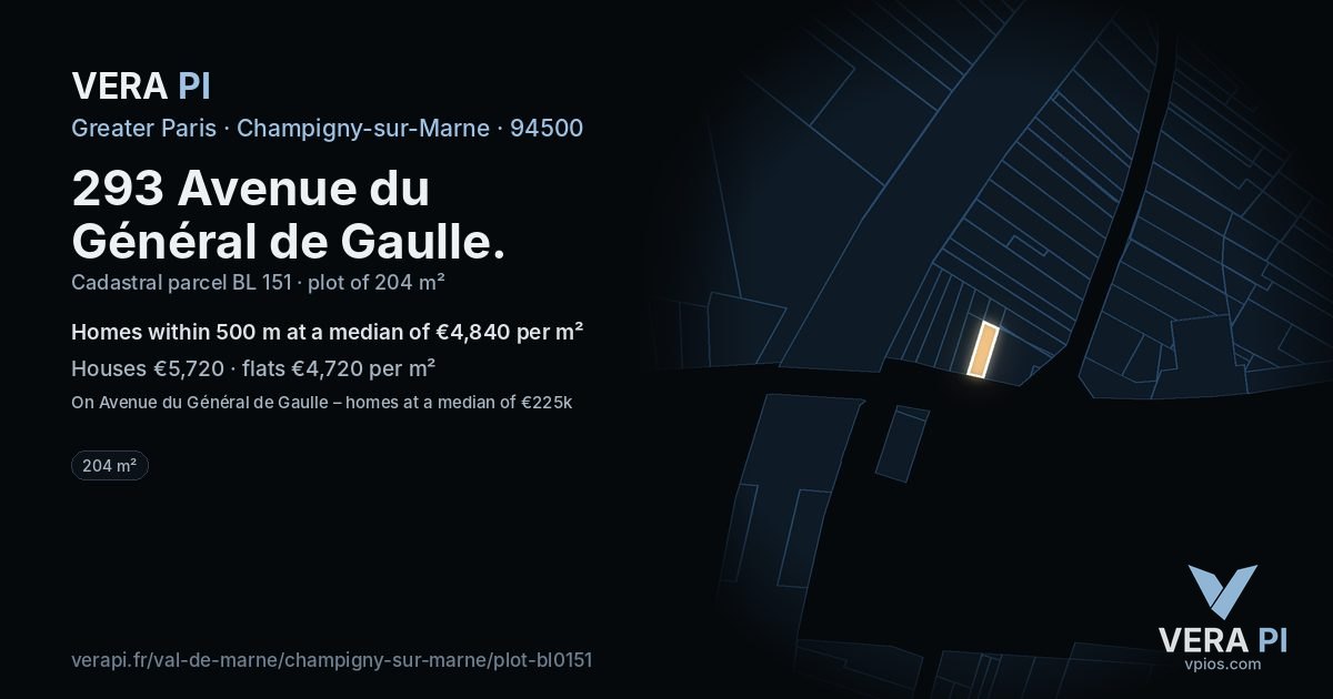 293 Avenue du Général de Gaulle, Champigny-sur-Marne at night – the plot lit, the parcels around coloured by the prices near them