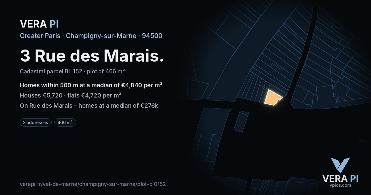 3 Rue des Marais, Champigny-sur-Marne at night – the plot lit, the parcels around coloured by the prices near them