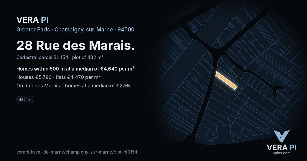 28 Rue des Marais, Champigny-sur-Marne at night – the plot lit, the parcels around coloured by the prices near them