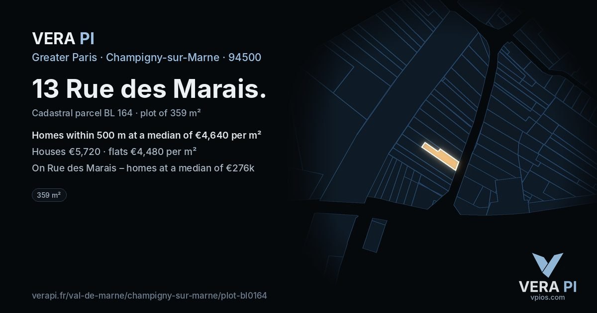 13 Rue des Marais, Champigny-sur-Marne at night – the plot lit, the parcels around coloured by the prices near them