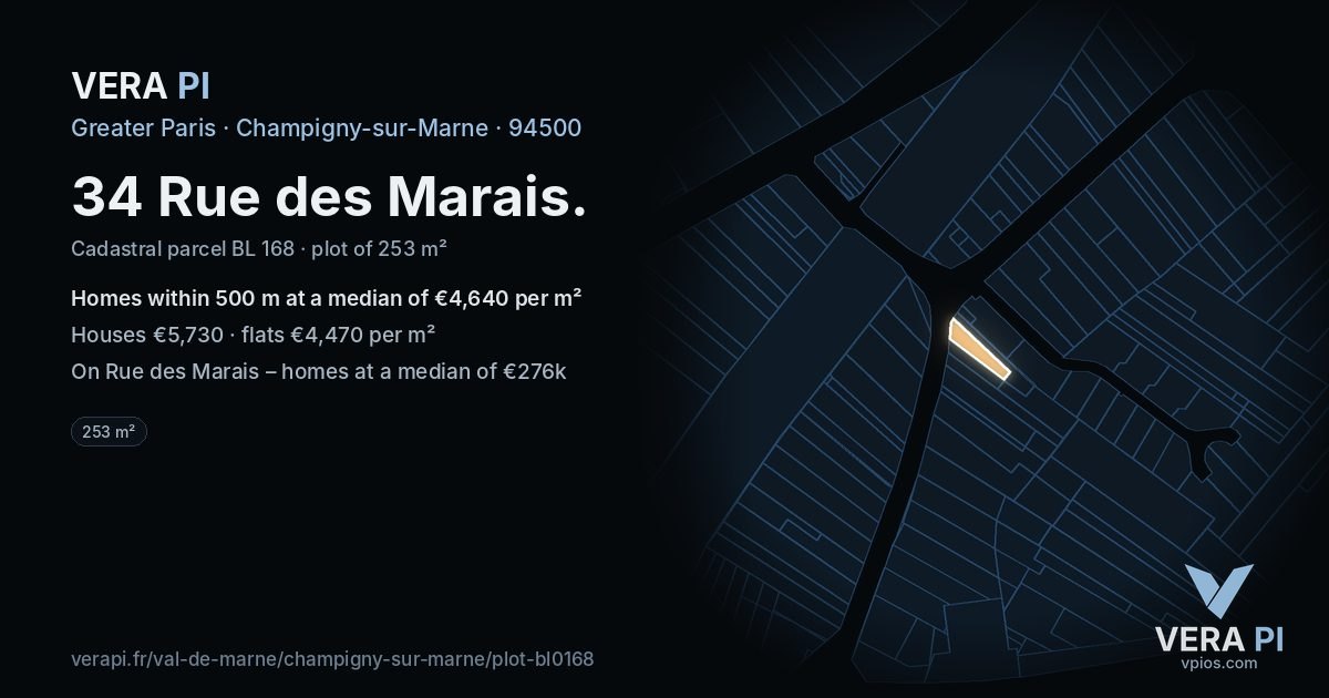 34 Rue des Marais, Champigny-sur-Marne at night – the plot lit, the parcels around coloured by the prices near them