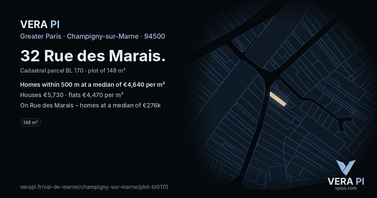 32 Rue des Marais, Champigny-sur-Marne at night – the plot lit, the parcels around coloured by the prices near them