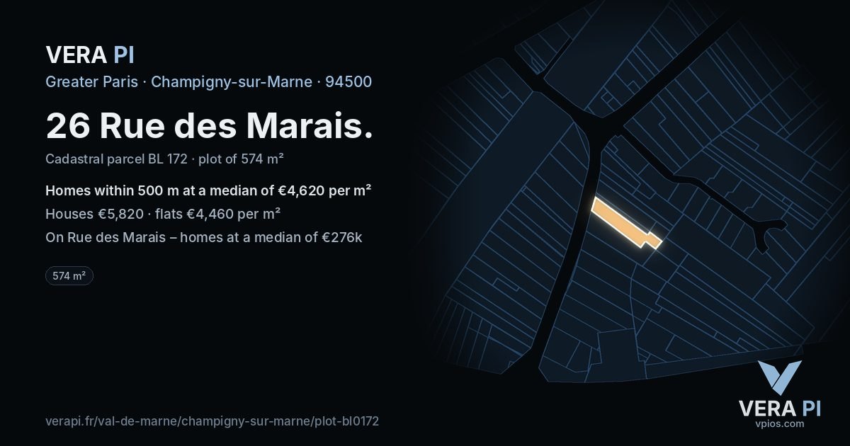 26 Rue des Marais, Champigny-sur-Marne at night – the plot lit, the parcels around coloured by the prices near them