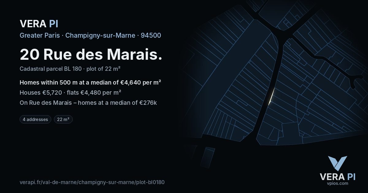 20 Rue des Marais, Champigny-sur-Marne at night – the plot lit, the parcels around coloured by the prices near them