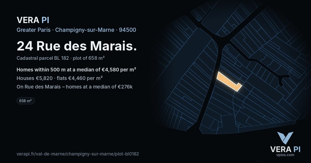 24 Rue des Marais, Champigny-sur-Marne at night – the plot lit, the parcels around coloured by the prices near them