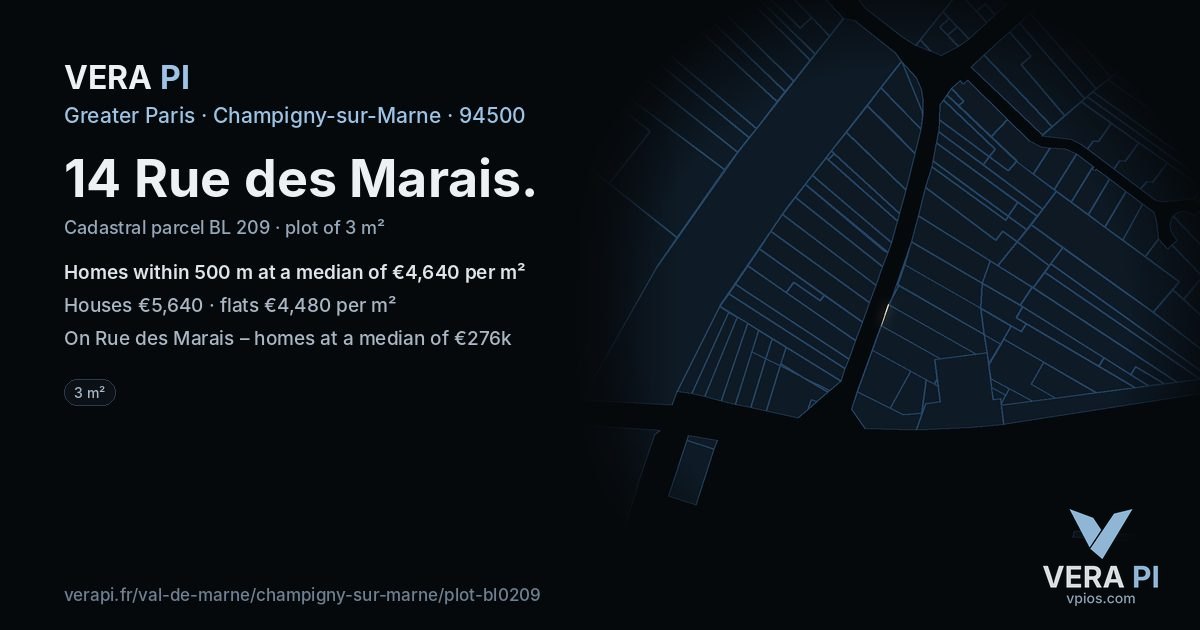 14 Rue des Marais, Champigny-sur-Marne at night – the plot lit, the parcels around coloured by the prices near them