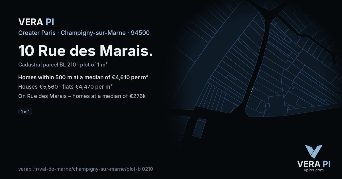 10 Rue des Marais, Champigny-sur-Marne at night – the plot lit, the parcels around coloured by the prices near them