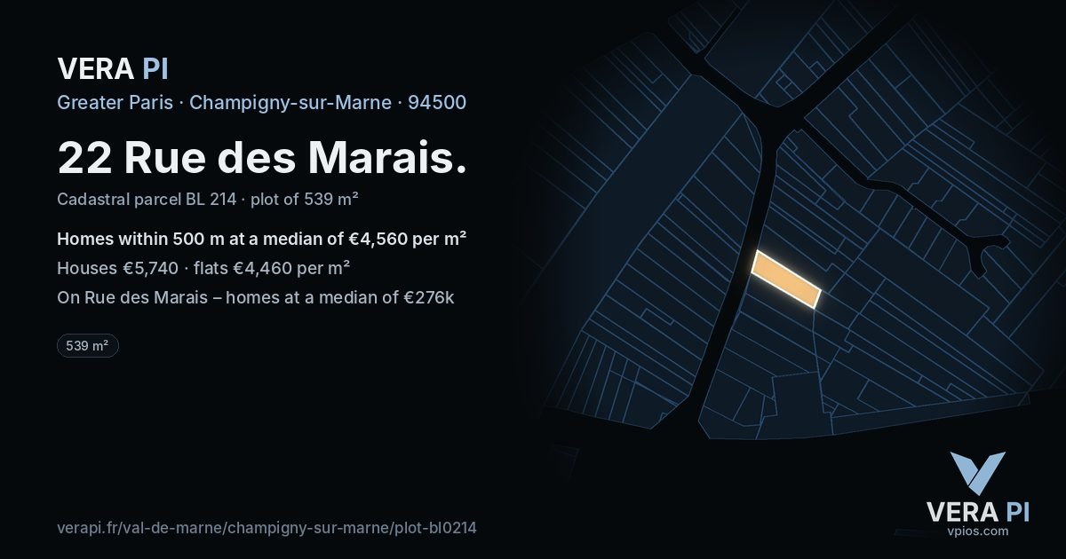 22 Rue des Marais, Champigny-sur-Marne at night – the plot lit, the parcels around coloured by the prices near them