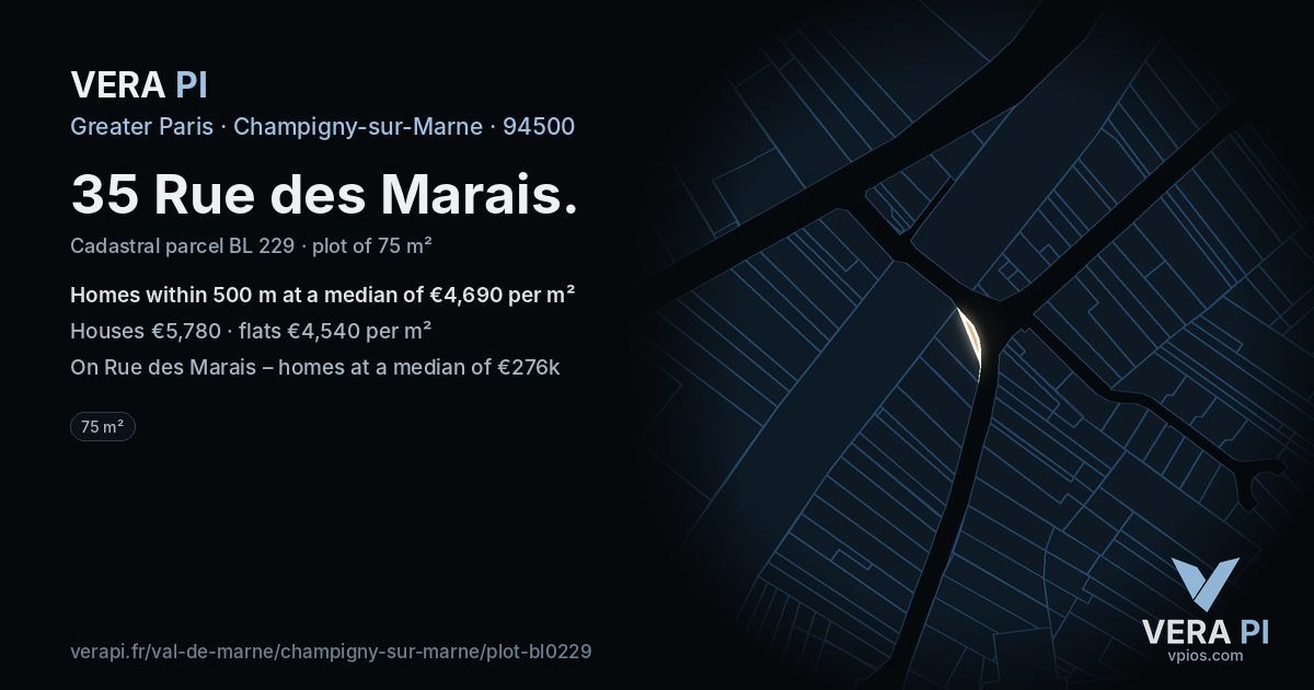 35 Rue des Marais, Champigny-sur-Marne at night – the plot lit, the parcels around coloured by the prices near them