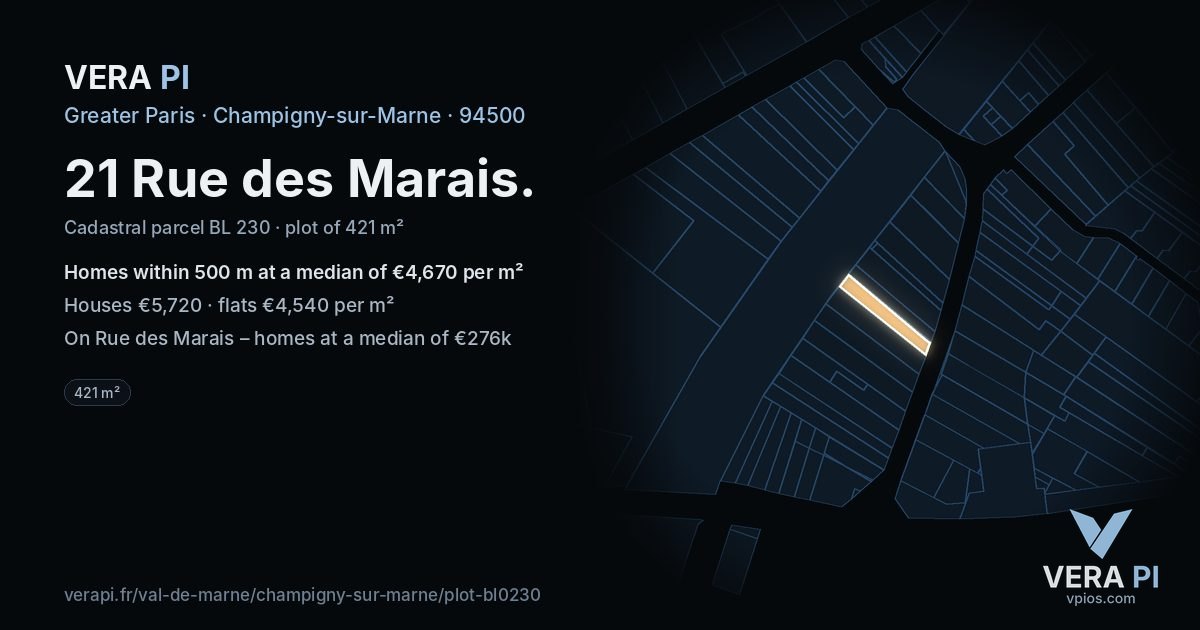 21 Rue des Marais, Champigny-sur-Marne at night – the plot lit, the parcels around coloured by the prices near them