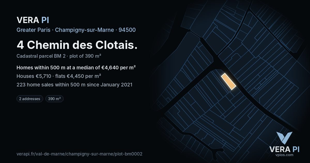 4 Chemin des Clotais, Champigny-sur-Marne at night – the plot lit, the parcels around coloured by the prices near them