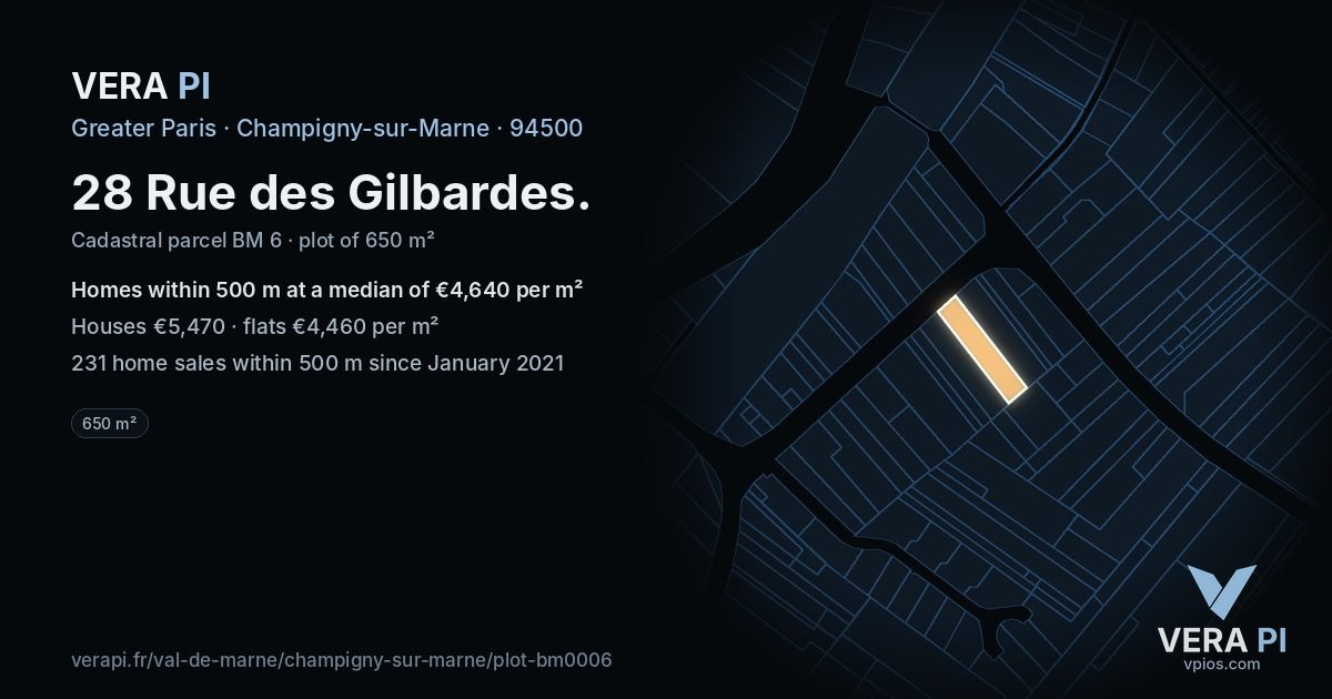 28 Rue des Gilbardes, Champigny-sur-Marne at night – the plot lit, the parcels around coloured by the prices near them