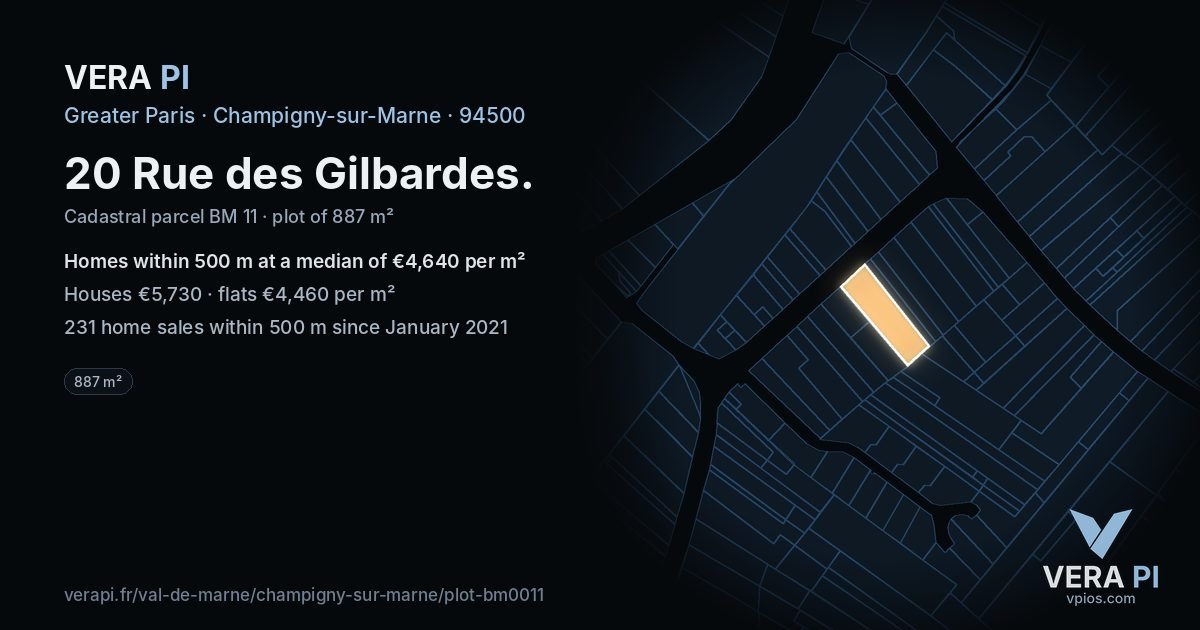 20 Rue des Gilbardes, Champigny-sur-Marne at night – the plot lit, the parcels around coloured by the prices near them