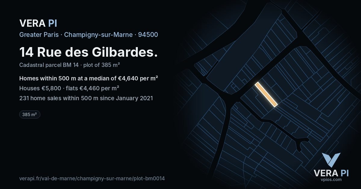 14 Rue des Gilbardes, Champigny-sur-Marne at night – the plot lit, the parcels around coloured by the prices near them