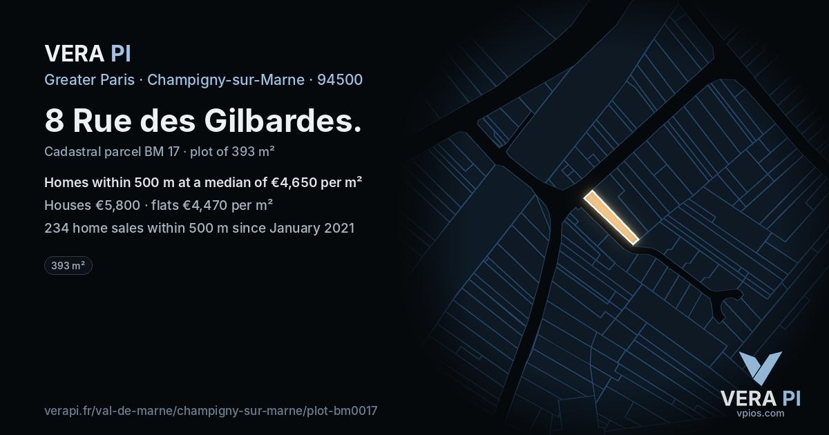 8 Rue des Gilbardes, Champigny-sur-Marne at night – the plot lit, the parcels around coloured by the prices near them