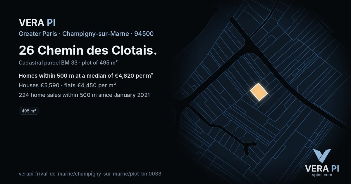 26 Chemin des Clotais, Champigny-sur-Marne at night – the plot lit, the parcels around coloured by the prices near them