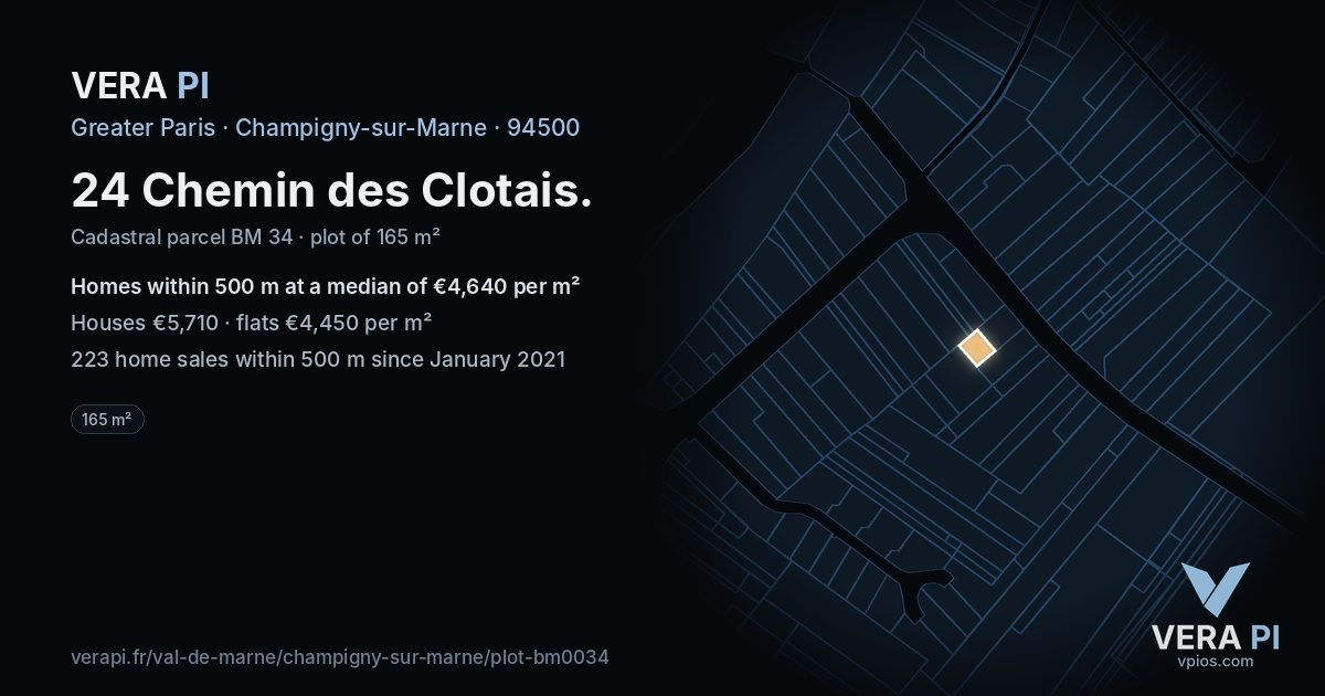 24 Chemin des Clotais, Champigny-sur-Marne at night – the plot lit, the parcels around coloured by the prices near them