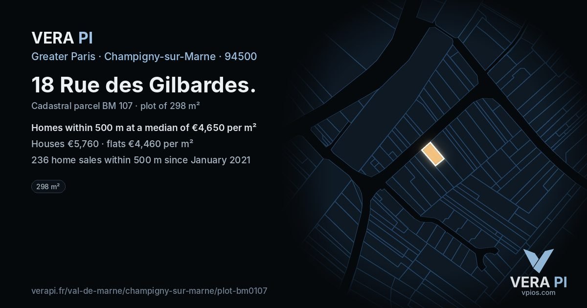 18 Rue des Gilbardes, Champigny-sur-Marne at night – the plot lit, the parcels around coloured by the prices near them