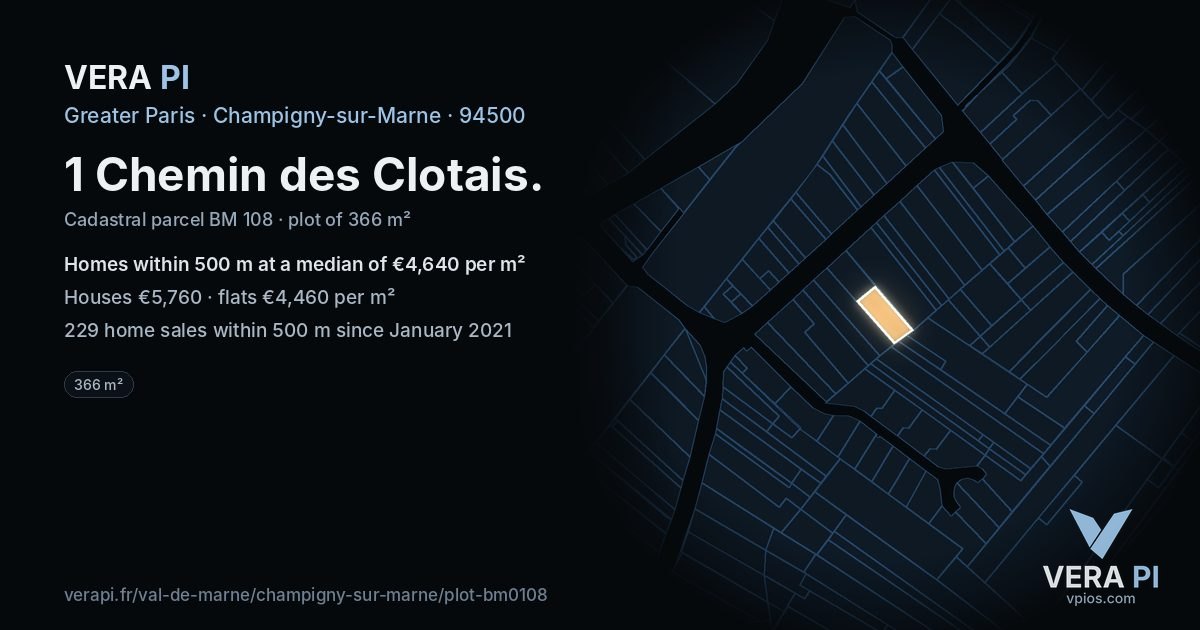 1 Chemin des Clotais, Champigny-sur-Marne at night – the plot lit, the parcels around coloured by the prices near them