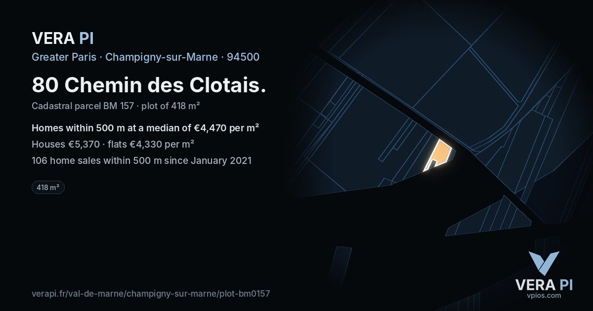 80 Chemin des Clotais, Champigny-sur-Marne at night – the plot lit, the parcels around coloured by the prices near them