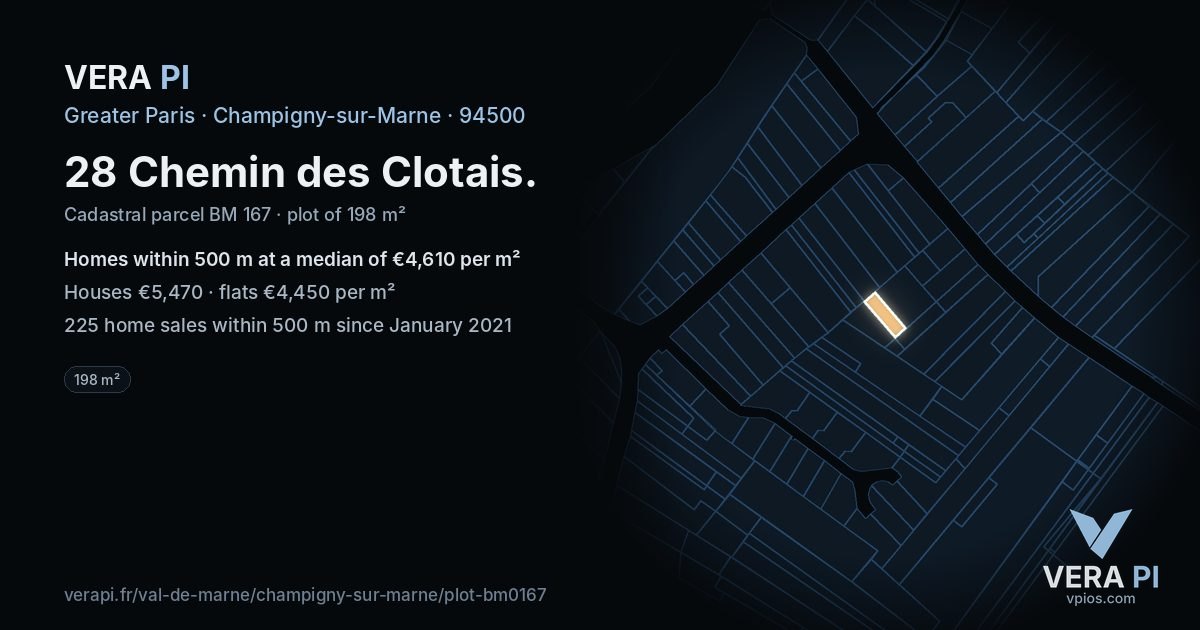 28 Chemin des Clotais, Champigny-sur-Marne at night – the plot lit, the parcels around coloured by the prices near them